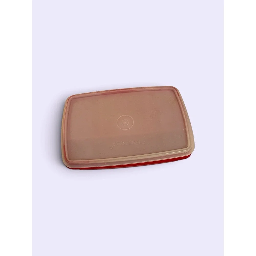 VTG Tupperware Red/Beige Rectangular Plastic Container Snap Lid 9 oz Stackable